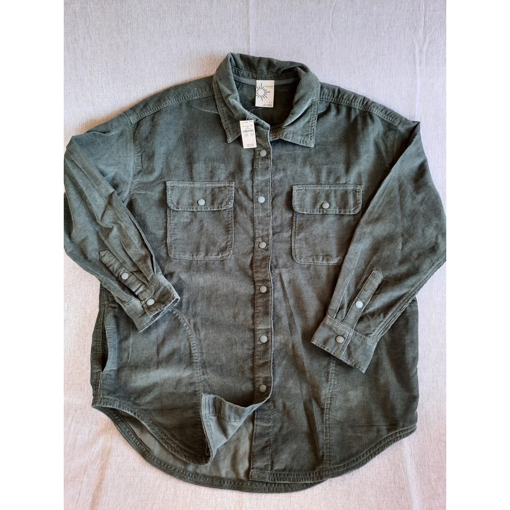 Offline By Aerie Women's Small Petite Corduroy Pocket Button Shirt LS Army Green
